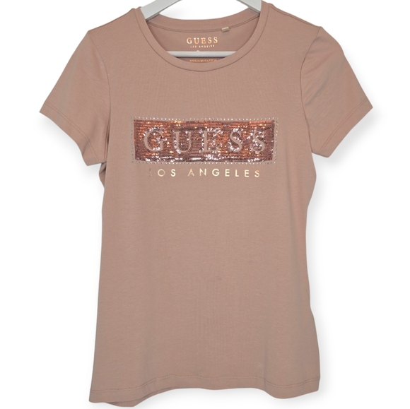 GUESS Women's Logo Tee Sequin Embellished Pink Nude‎ T-Shirt Sz Small Y2K Glam - Picture 1 of 7